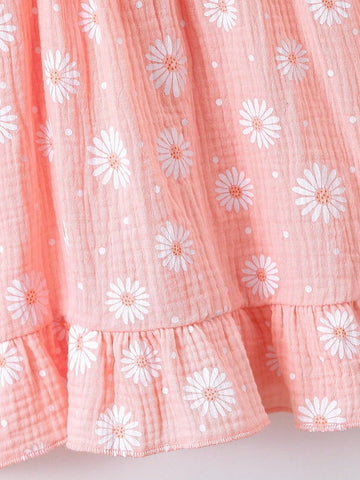 Young Girls' Summer Dress With Bowknot Strap, Chamomile And Daisy Flower Printed, Waist Cinched, Casual And Elegant, Ruffle Hemline
