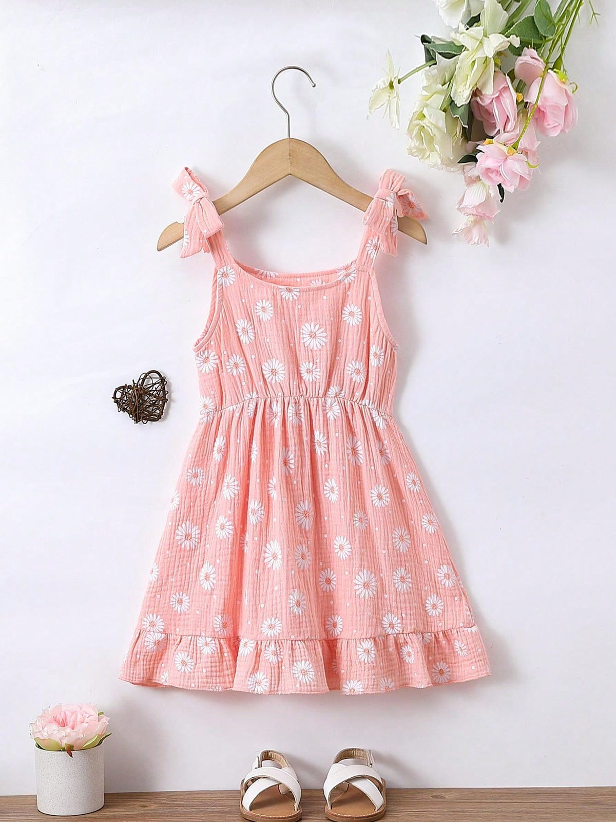 Young Girls' Summer Dress With Bowknot Strap, Chamomile And Daisy Flower Printed, Waist Cinched, Casual And Elegant, Ruffle Hemline