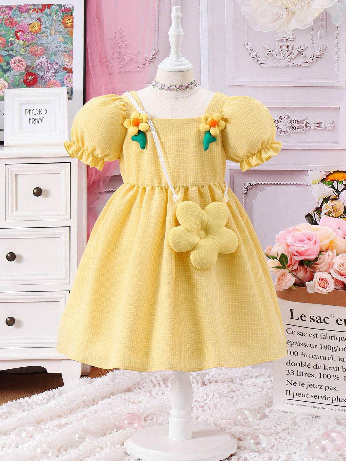 Young Girl's Summer Dress With Puff Sleeves And 3d Flower Decoration