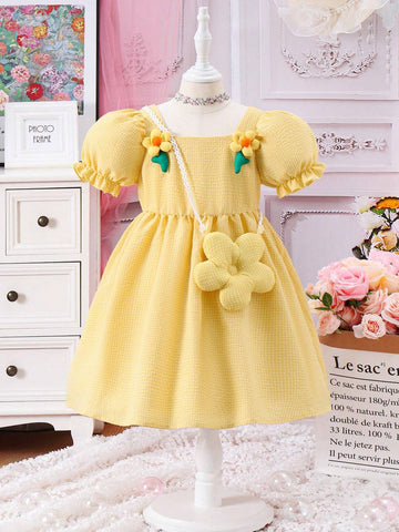 Young Girl's Summer Dress With Puff Sleeves And 3d Flower Decoration