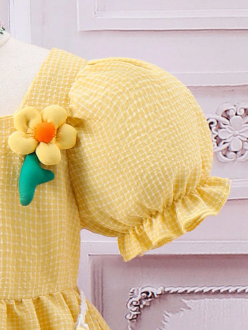 Young Girl's Summer Dress With Puff Sleeves And 3d Flower Decoration