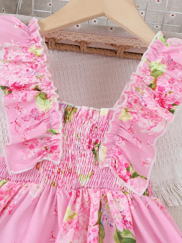 Young Girls' Summer Dress With Ruffle Hem And Floral Print