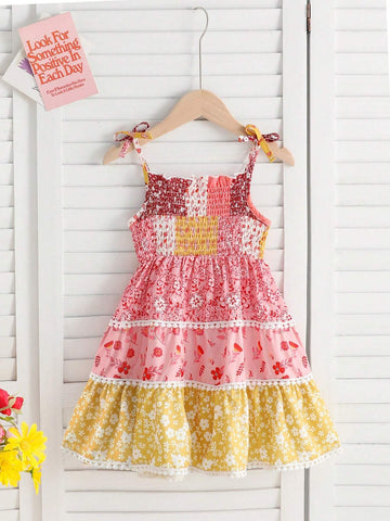 Young Girls' Summer Elegant Floral Layered Dress With Shoulder Straps
