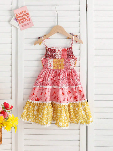 Young Girls' Summer Elegant Floral Layered Dress With Shoulder Straps