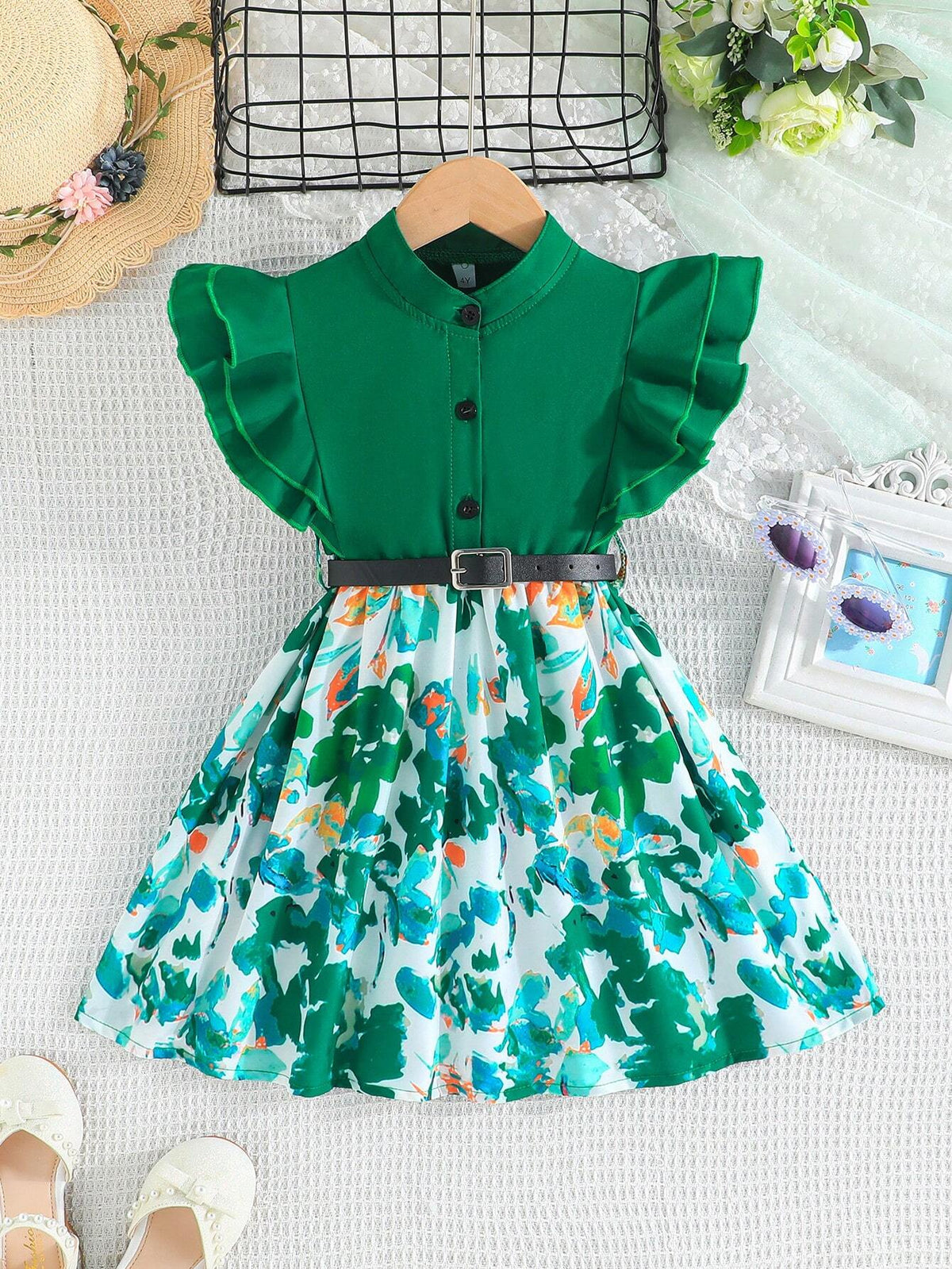 Young Girl's Summer Fashion Dress With Two Layer Ruffle Sleeves, Floral Print Skirt, Waistband, And Front Button Details