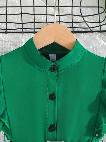 Young Girl's Summer Fashion Dress With Two Layer Ruffle Sleeves, Floral Print Skirt, Waistband, And Front Button Details