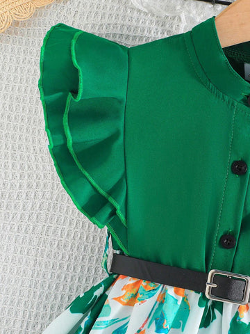 Young Girl's Summer Fashion Dress With Two Layer Ruffle Sleeves, Floral Print Skirt, Waistband, And Front Button Details