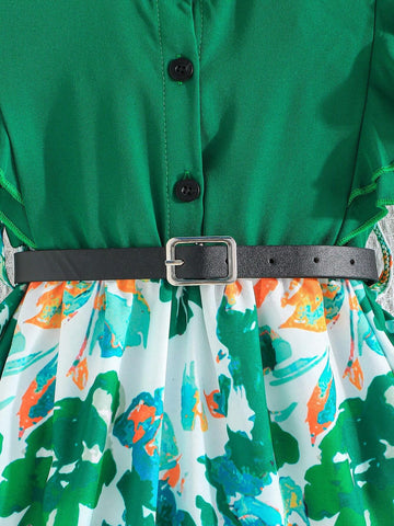Young Girl's Summer Fashion Dress With Two Layer Ruffle Sleeves, Floral Print Skirt, Waistband, And Front Button Details