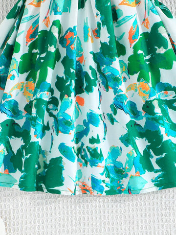 Young Girl's Summer Fashion Dress With Two Layer Ruffle Sleeves, Floral Print Skirt, Waistband, And Front Button Details