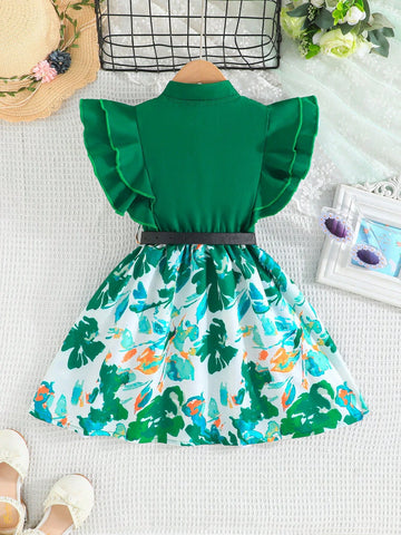 Young Girl's Summer Fashion Dress With Two Layer Ruffle Sleeves, Floral Print Skirt, Waistband, And Front Button Details