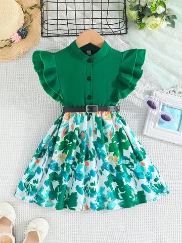 Young Girl's Summer Fashion Dress With Two Layer Ruffle Sleeves, Floral Print Skirt, Waistband, And Front Button Details