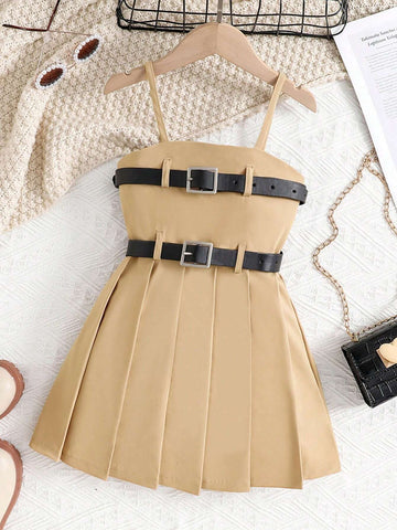 Young Girls' Summer Fashion Pleated Hem Cami Dress With Waist Belt