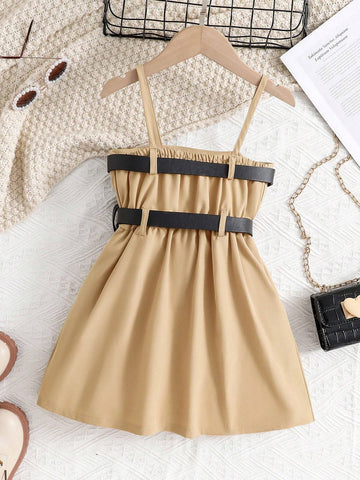 Young Girls' Summer Fashion Pleated Hem Cami Dress With Waist Belt