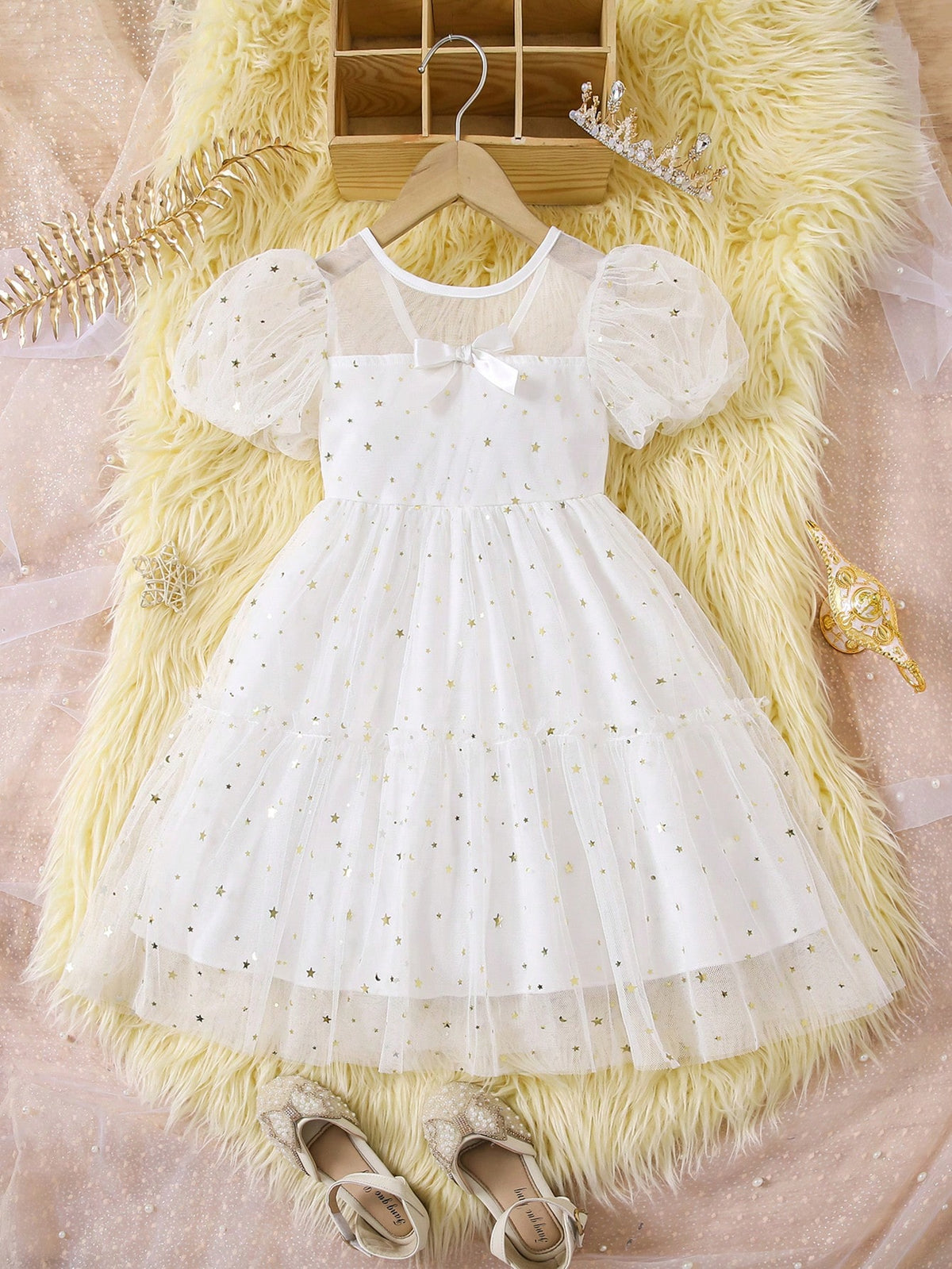 Young Girls' Summer Fashion Sequin Tulle Dress With Bowknot Decoration, Zipper Front, Round Neck, Simple Lantern Sleeve Dress
