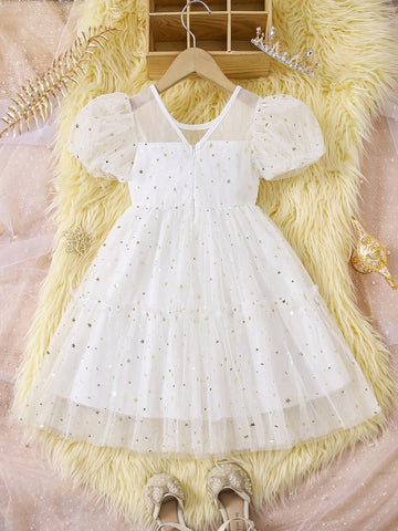 Young Girls' Summer Fashion Sequin Tulle Dress With Bowknot Decoration, Zipper Front, Round Neck, Simple Lantern Sleeve Dress