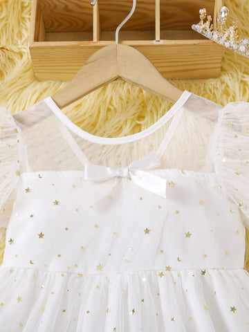 Young Girls' Summer Fashion Sequin Tulle Dress With Bowknot Decoration, Zipper Front, Round Neck, Simple Lantern Sleeve Dress