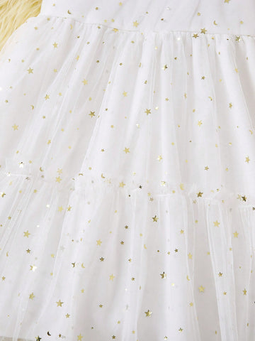 Young Girls' Summer Fashion Sequin Tulle Dress With Bowknot Decoration, Zipper Front, Round Neck, Simple Lantern Sleeve Dress