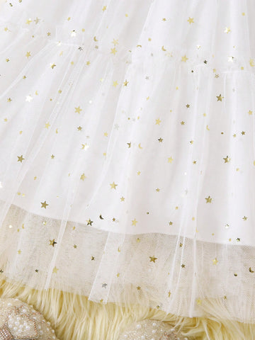 Young Girls' Summer Fashion Sequin Tulle Dress With Bowknot Decoration, Zipper Front, Round Neck, Simple Lantern Sleeve Dress