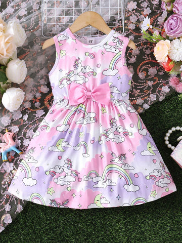 Young Girls' Summer Fashionable Cute Unicorn Bow Decoration Sleeveless Round Neck Dress