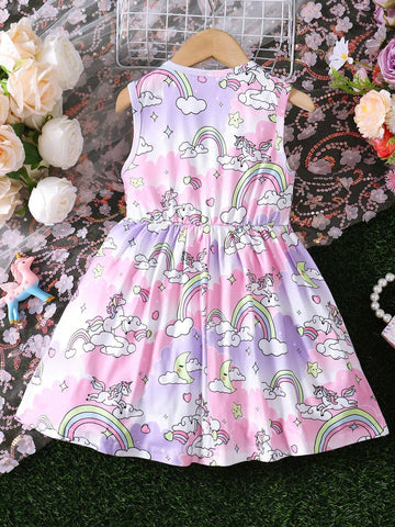 Young Girls' Summer Fashionable Cute Unicorn Bow Decoration Sleeveless Round Neck Dress