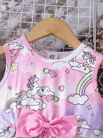 Young Girls' Summer Fashionable Cute Unicorn Bow Decoration Sleeveless Round Neck Dress