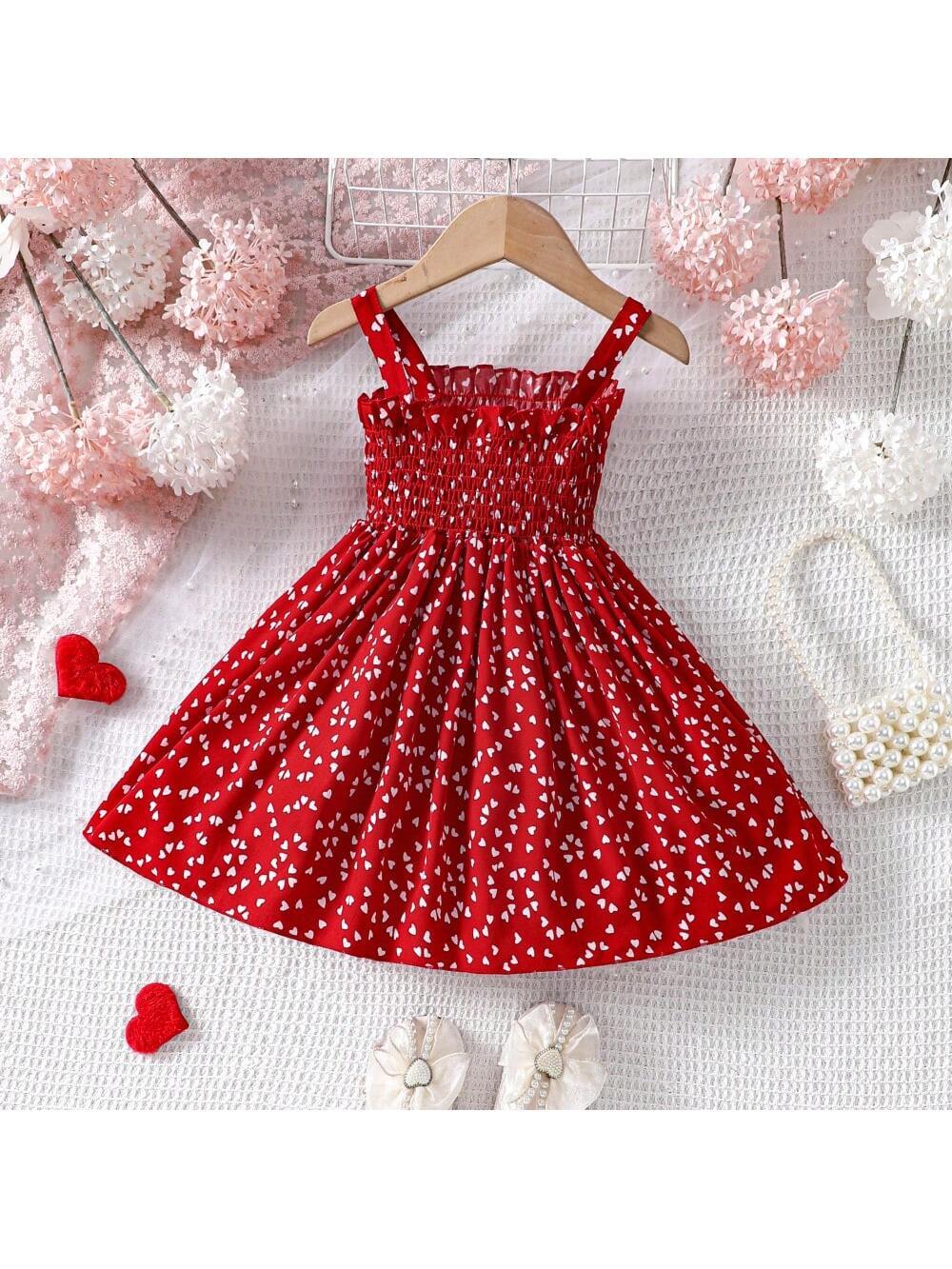 Young Girls' Summer Fashionable Love Heart Print Ruffle Strap Sundress