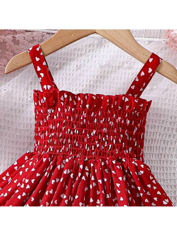 Young Girls' Summer Fashionable Love Heart Print Ruffle Strap Sundress