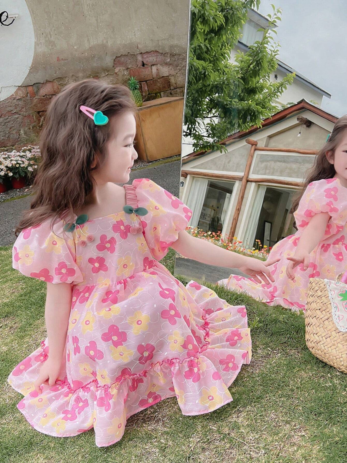 Young Girls' Summer Floral Allover Print Puff Sleeve Dress With Ruffled Hem
