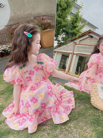 Young Girls' Summer Floral Allover Print Puff Sleeve Dress With Ruffled Hem