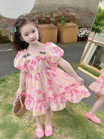 Young Girls' Summer Floral Allover Print Puff Sleeve Dress With Ruffled Hem