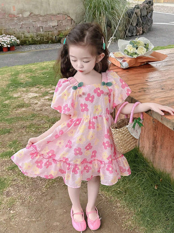 Young Girls' Summer Floral Allover Print Puff Sleeve Dress With Ruffled Hem