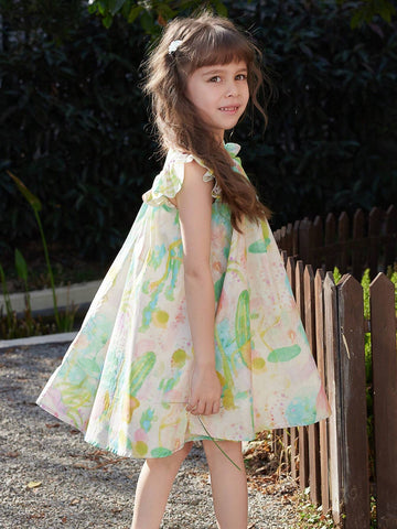 Young Girl's Summer Floral Print Dress With Square Neckline, Short Ruffle Sleeves And Large Hemline