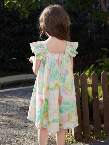 Young Girl's Summer Floral Print Dress With Square Neckline, Short Ruffle Sleeves And Large Hemline