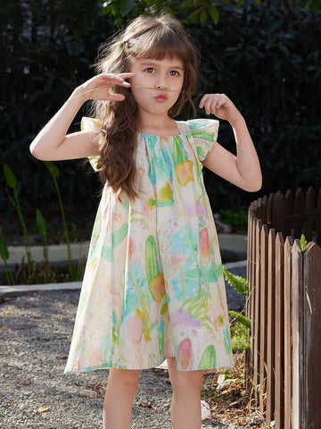 Young Girl's Summer Floral Print Dress With Square Neckline, Short Ruffle Sleeves And Large Hemline