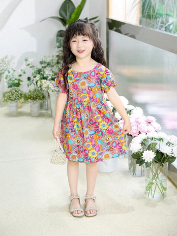 Young Girls" Summer Floral Print Round Neck Short Bubble Sleeve Cute Dress