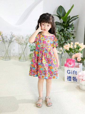 Young Girls" Summer Floral Print Round Neck Short Bubble Sleeve Cute Dress