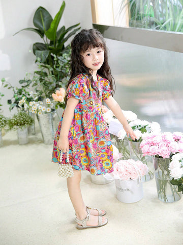Young Girls" Summer Floral Print Round Neck Short Bubble Sleeve Cute Dress