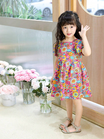 Young Girls" Summer Floral Print Round Neck Short Bubble Sleeve Cute Dress