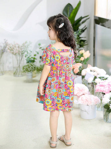 Young Girls" Summer Floral Print Round Neck Short Bubble Sleeve Cute Dress