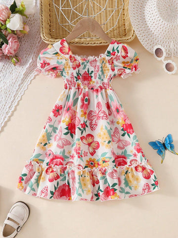 Young Girls' Summer Floral Print Ruffle Hem Puff Sleeve Dress