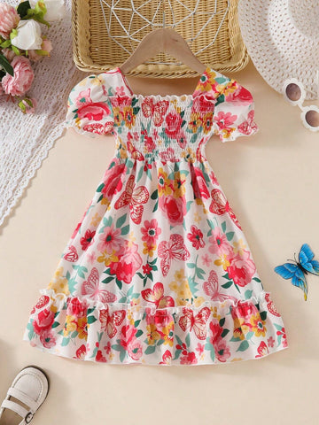 Young Girls' Summer Floral Print Ruffle Hem Puff Sleeve Dress
