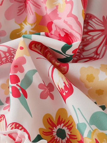 Young Girls' Summer Floral Print Ruffle Hem Puff Sleeve Dress