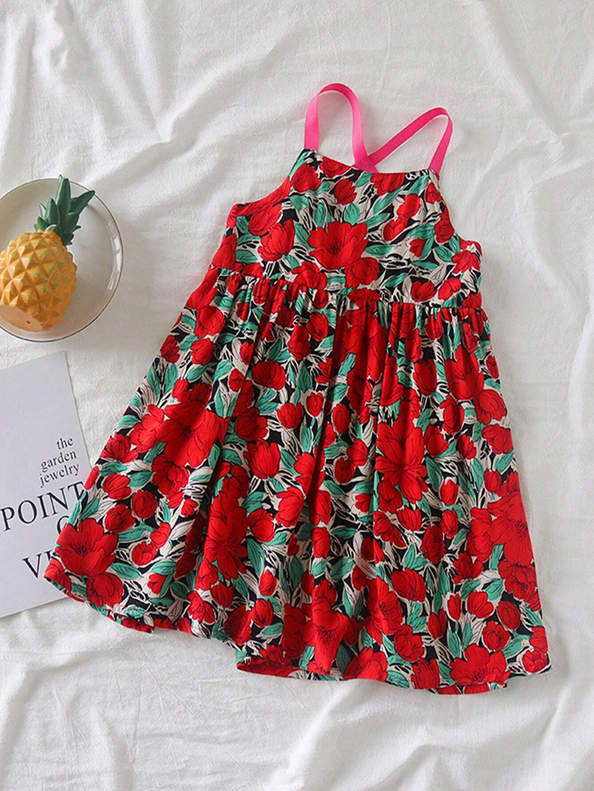 Young Girls' Summer Floral Printed Vacation Mid-Length Strappy Dress