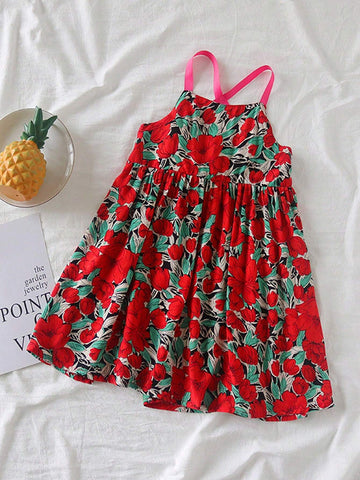 Young Girls' Summer Floral Printed Vacation Mid-Length Strappy Dress