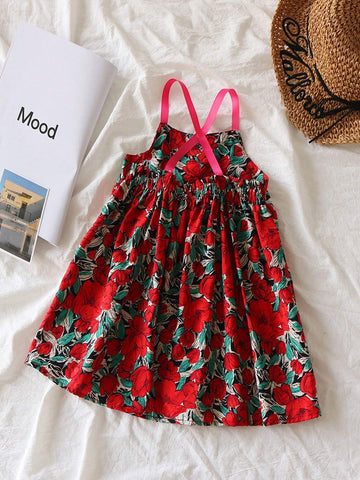 Young Girls' Summer Floral Printed Vacation Mid-Length Strappy Dress