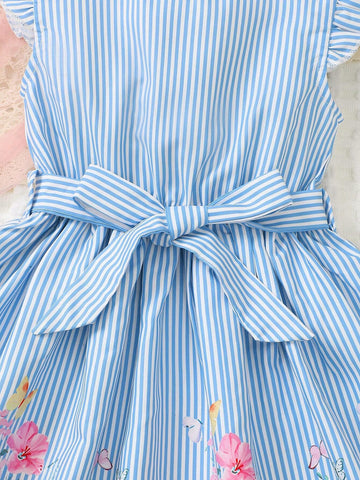 Young Girls' Summer Floral Striped Digital Print Round Neck Cap Sleeve Dress, Summer Style