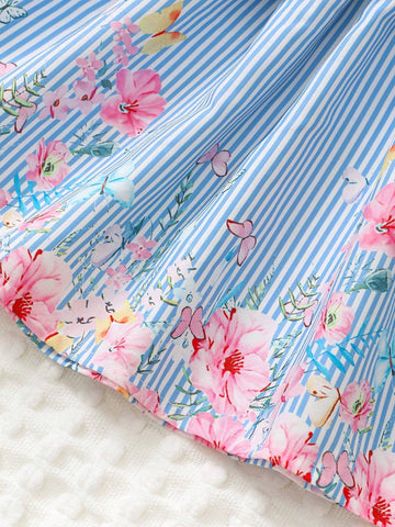Young Girls' Summer Floral Striped Digital Print Round Neck Cap Sleeve Dress, Summer Style
