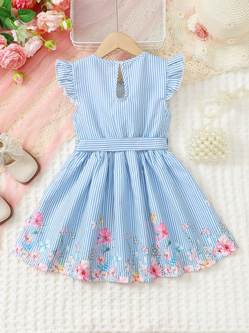 Young Girls' Summer Floral Striped Digital Print Round Neck Cap Sleeve Dress, Summer Style