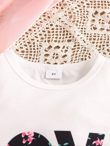 Young Girl's Summer Floral & Letter Printed Short Vest & Skirt Set, Perfect For Outdoor Activities