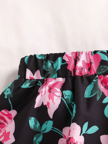 Young Girl's Summer Floral & Letter Printed Short Vest & Skirt Set, Perfect For Outdoor Activities